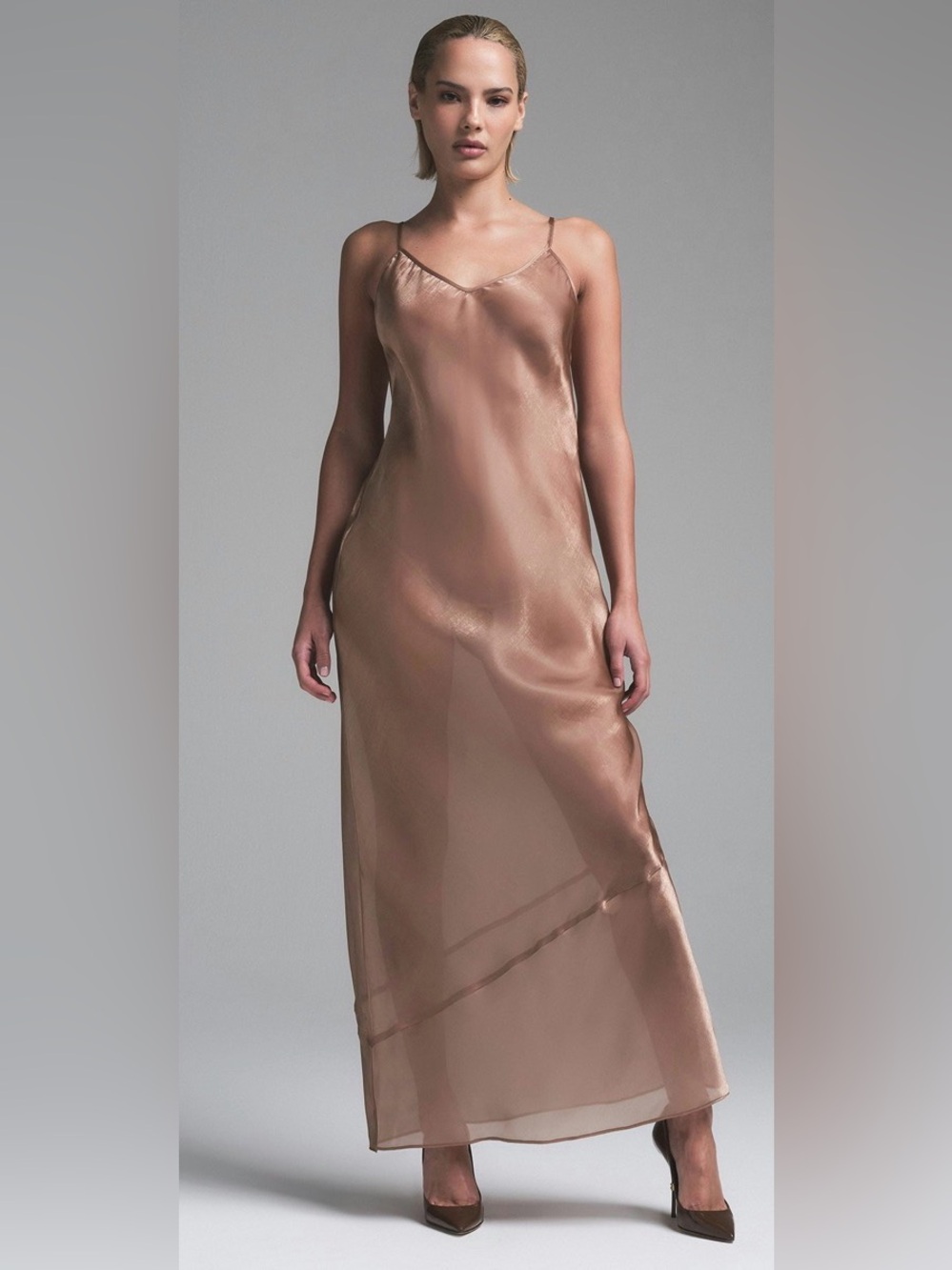Skims Liquid Organza Sienna Sheer Cami Long Slip Maxi Dress Rose Brown Size XXS